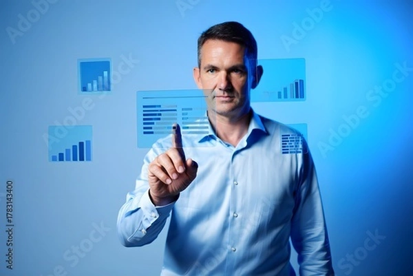 Fototapeta Man interacting with data on digital interface in a futuristic blue environment