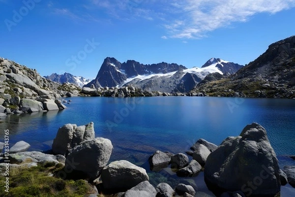 Fototapeta Mountain lake reflects the sky with snow capped peaks and rocky shorelines around it all