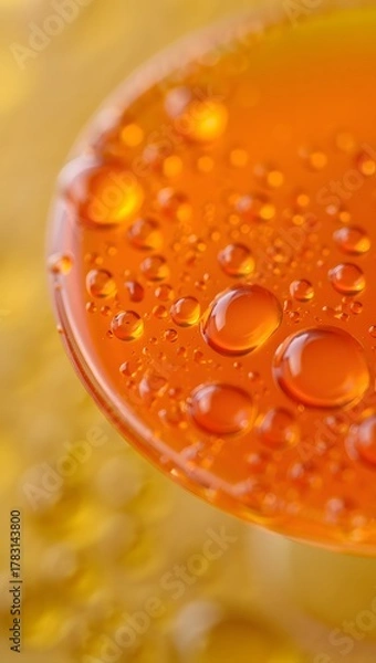 Fototapeta Orange liquid with water droplets on surface with a blurred yellow background view close up