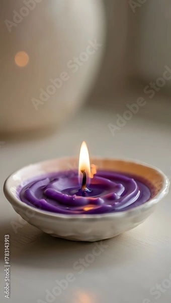 Fototapeta Purple candle in a ceramic bowl with a soft glow and a warm inviting ambiance light