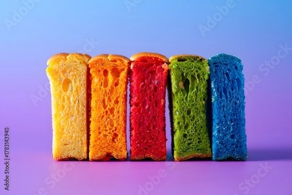 Fototapeta Rainbow bread slices on a vibrant background showcasing colorful baked goods neatly arranged