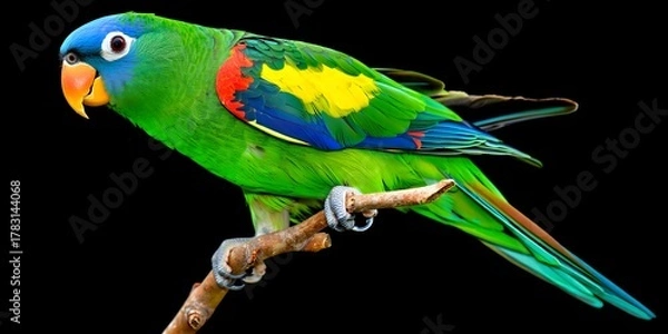 Fototapeta Spectacled amazon parrot perched on a branch against a dark background detail shot
