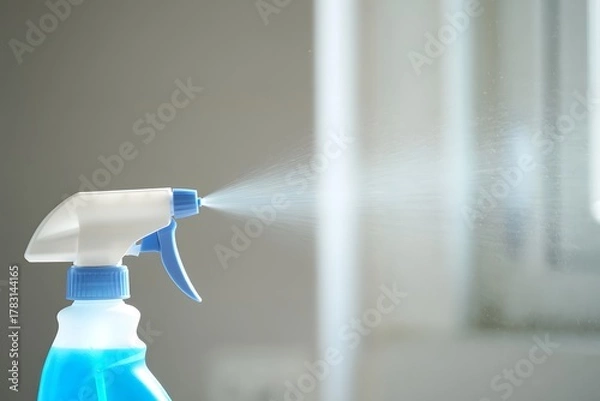Fototapeta Spraying blue cleaning solution for disinfecting surfaces in a bright environment