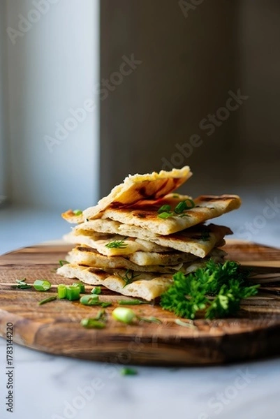 Fototapeta Stack of flatbread with herbs on a wooden board for a delicious appetizer dish recipe