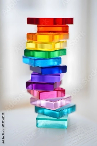 Fototapeta Stack of colorful transparent blocks arranged in a rainbow order on a white surface