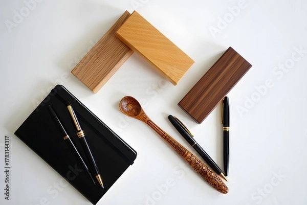 Fototapeta Stationary items and wooden objects arranged on a white surface top down view photo