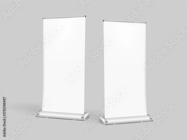 Obraz Two roll-up banner mockups on a gray background. Vector illustration.