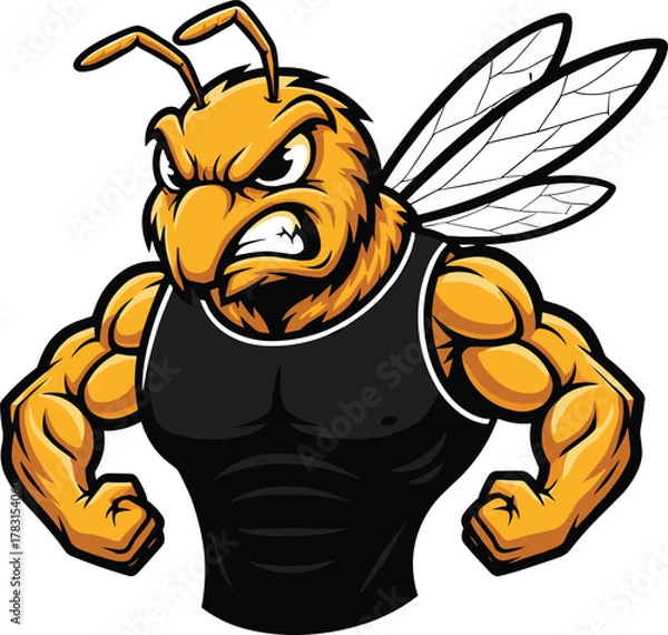 Obraz Aggressive muscular bee mascot, strong insect character, cartoon bee illustration, fierce pose, vector sports icon, fitness branding design