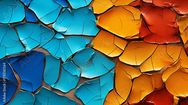 Fototapeta Cracked paint texture with blue and orange sections creates an abstract background