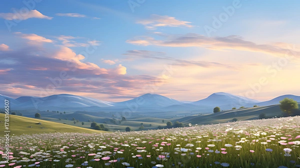 Fototapeta Rolling hills covered in wildflowers under a pastel sky at sunset with mountains in distance