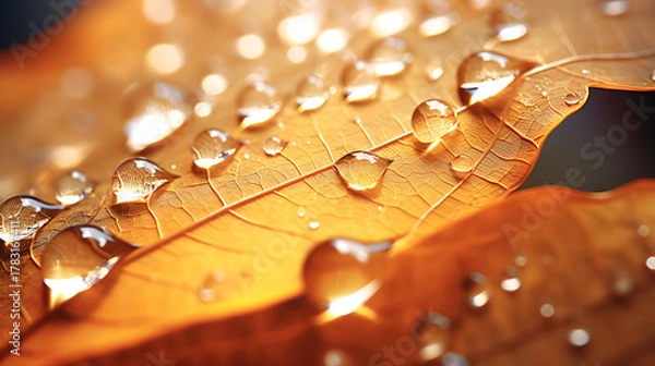 Fototapeta Closeup of delicate water droplets clinging to the surface of a vibrant autumn leaf