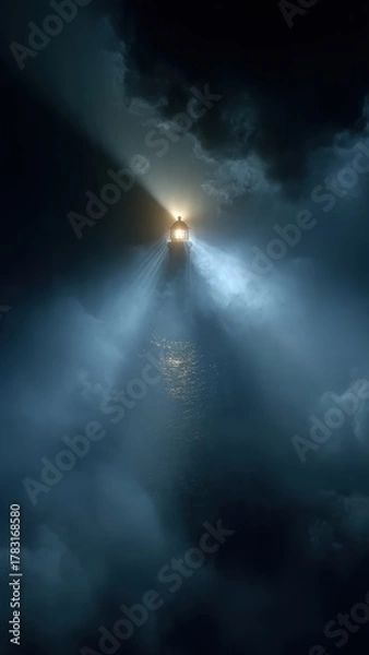 Obraz Mysterious Lighthouse Beam Cutting Through Dense Ocean Fog