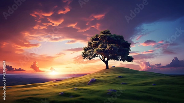 Fototapeta Lone tree on a hill at sunset with colorful sky and clouds in the background