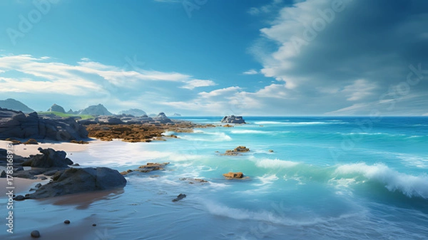Fototapeta A rocky beach with turquoise water and dramatic clouds creating a picturesque seascape view