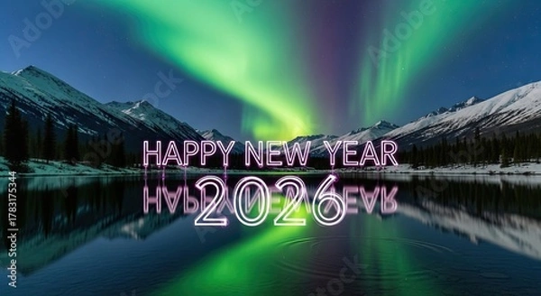 Fototapeta Happy New Year 2026 Beautiful Aurora Borealis Reflection