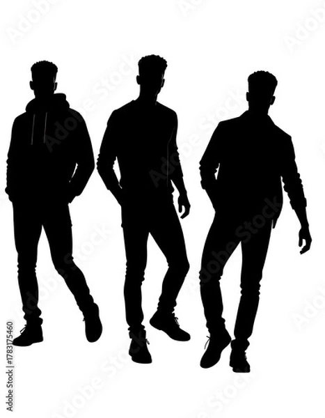 Obraz Three black silhouettes of men in casual poses, white background