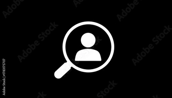 Obraz White icon of a person inside a magnifying glass on black backdrop