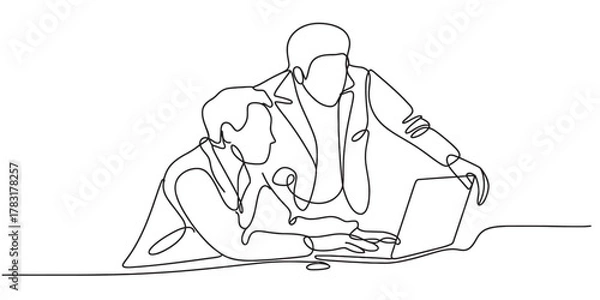Obraz Continuous line drawing of two business professionals collaborating on a laptop, depicting teamwork, discussion, and modern office work. Vector