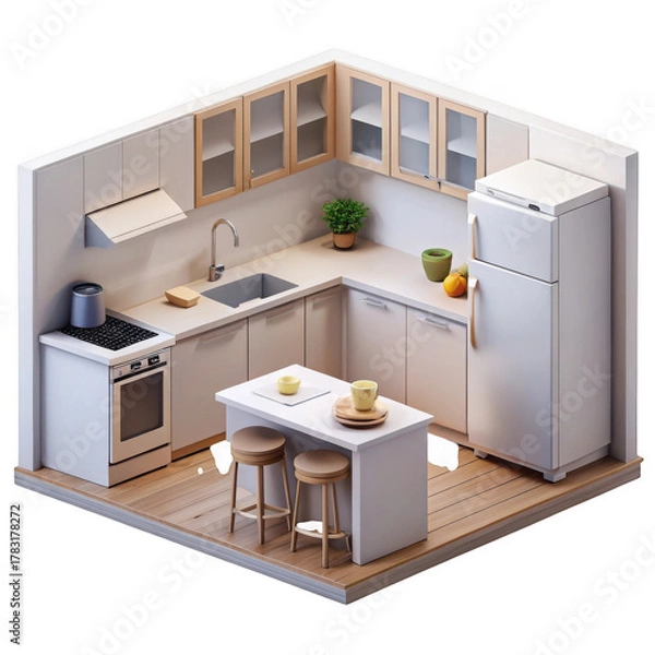 Obraz 3d miniature kitchen scene with appliances isolated on transparent background