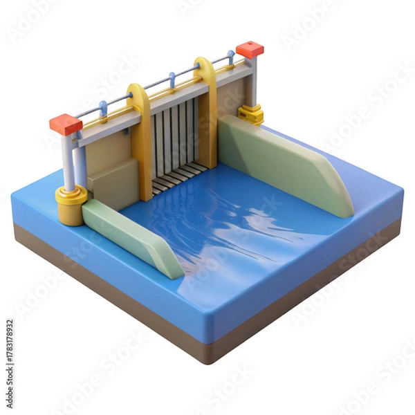 Fototapeta 3d hydroelectric dam model with water flow isolated on transparent background