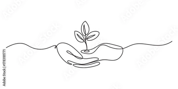 Obraz Continuous one line drawing of hands holding a small plant sprout, symbolizing nature, growth, care, environment, new beginnings, and life sustainability Vector