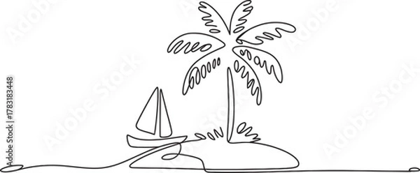 Obraz One continuous line drawing of palm tree on a tropical island with a sailing boat nearby. modern single line art vector graphic design Vector