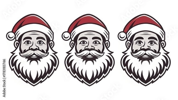 Fototapeta Three smiling Santa Clauses in classic red hats with white pom-poms are depicted in the same style.
