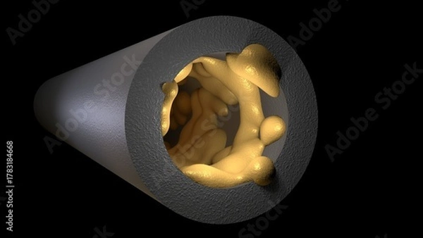 Fototapeta Biofilm accumulation inside tube. Clog in pipe. Atherosclerosis. Arterial blockage with plaque, cholesterol, debris buildup. 3d render illustration. 