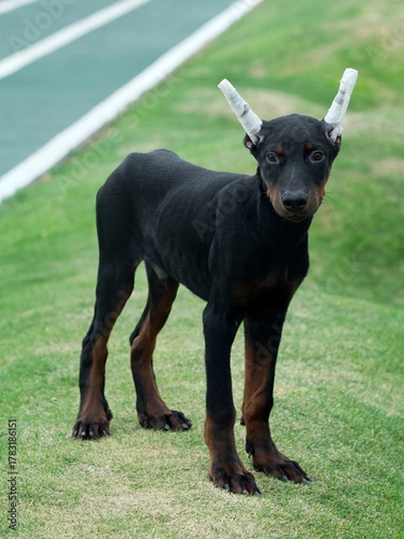Obraz black dog on grass