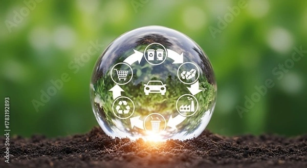 Fototapeta A clear bubble with recycling icons and a car in the center, symbolizing environmental sustainability and a circular economy, set against a blurred green background