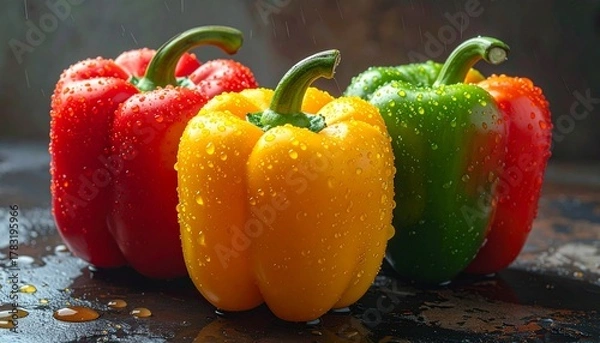 Obraz Four fresh bell peppers with water droplets on dark surface showcasing vibrant color and culinary freshness
