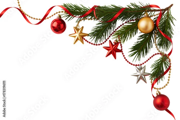 Obraz Festive Christmas tree branch adorned with red and gold ornaments, stars, and ribbons, creating a joyful holiday mood