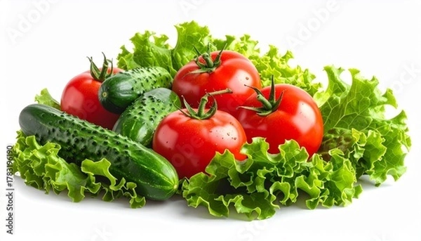 Obraz Fresh vegetables including tomatoes, cucumbers, and lettuce arranged on clean surface showcasing healthy eating and vibrant nutrition