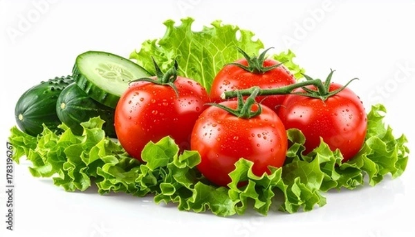 Obraz Fresh vegetables including tomatoes, cucumbers, and lettuce arranged on clean surface showcasing healthy eating and vibrant nutrition