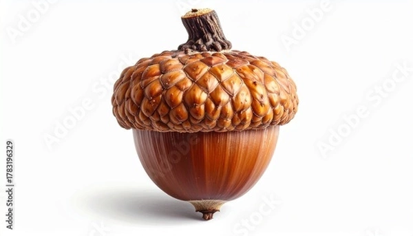 Obraz Single acorn with smooth nut and textured cap on neutral background for editorial botanical photography nature symbolism decor and poetic beginnings-themed visuals