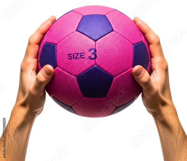 Obraz Male hands holding a pink and purple size three soccer ball isolated on transparent background