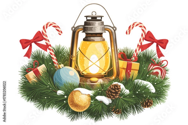 Fototapeta Warm glowing lantern surrounded by festive Christmas decorations, creating a cozy holiday atmosphere, perfect for seasonal designs