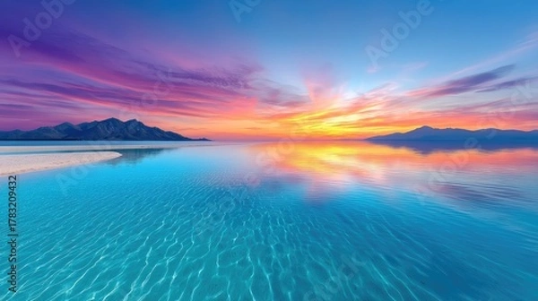 Fototapeta Vibrant Tropical Seascape At Sunset With Dramatic Colorful Sky Reflecting In Calm Ocean Water Distant City Skyline Visible On The Horizon Under Bright Sunlight