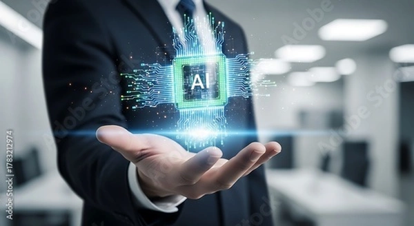 Fototapeta AI in Business - Man Holding Holographic Chip with AI Symbol.