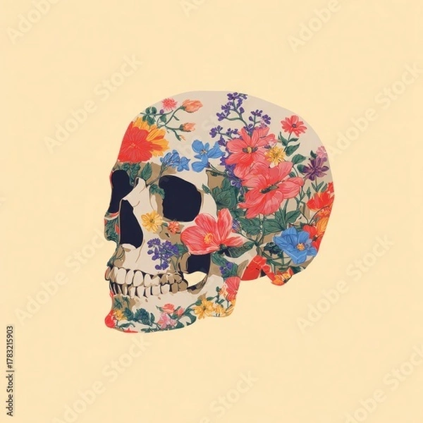 Fototapeta Floral skull with botanical illustration