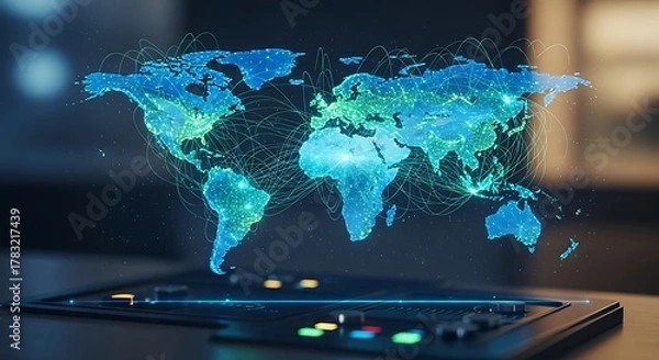 Obraz Global Connectivity - A Holographic World Map on Modern Technology.