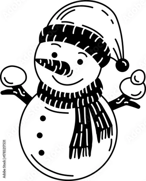 Fototapeta Solid Outline icon of a snowman with hat and scarf