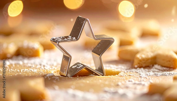 Fototapeta Close-up of Star Shaped Metal Cookie Cutter with Dough on Table, Warm Holiday Baking Scene, Christmas Kitchen Background with Soft Golden Bokeh Light