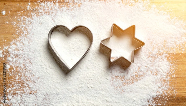 Fototapeta Close-up of Star Shaped Metal Cookie Cutter with Dough on Table, Warm Holiday Baking Scene, Christmas Kitchen Background with Soft Golden Bokeh Light