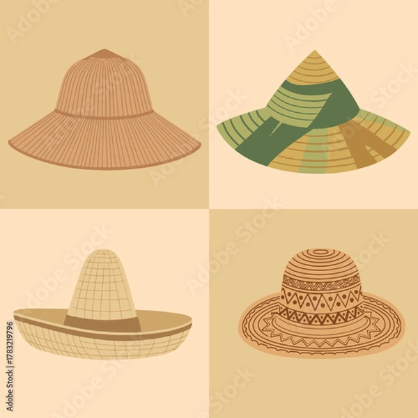 Fototapeta set illustration vector graphic of craft hats made from plant fibers