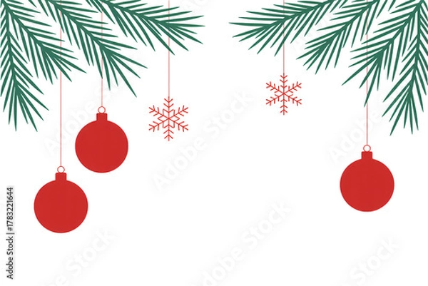 Fototapeta Festive Christmas ornaments and snowflakes hanging from evergreen boughs, a charming holiday design perfect for seasonal greetings and celebrations