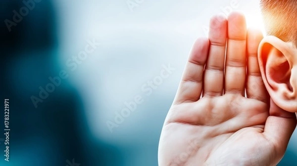 Fototapeta Man listens intently hand to ear hearing silence person holds hand to ear focusing on sound deep concentration