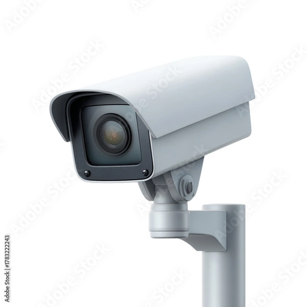 Fototapeta Surveillance camera security camera outdoor camera cctv monitoring safety protection vigilance lens pole mounted. Sleek housing with neutral color, modern design, focused optics, calm mood