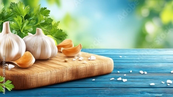 Fototapeta Fresh garlic parsley wooden table kitchen essentials culinary herbs on rustic table flavorful healthy cooking