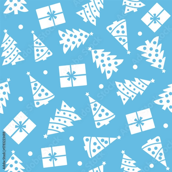 Fototapeta Seamless Christmas pattern with holiday gifts, decorations and Christmas trees